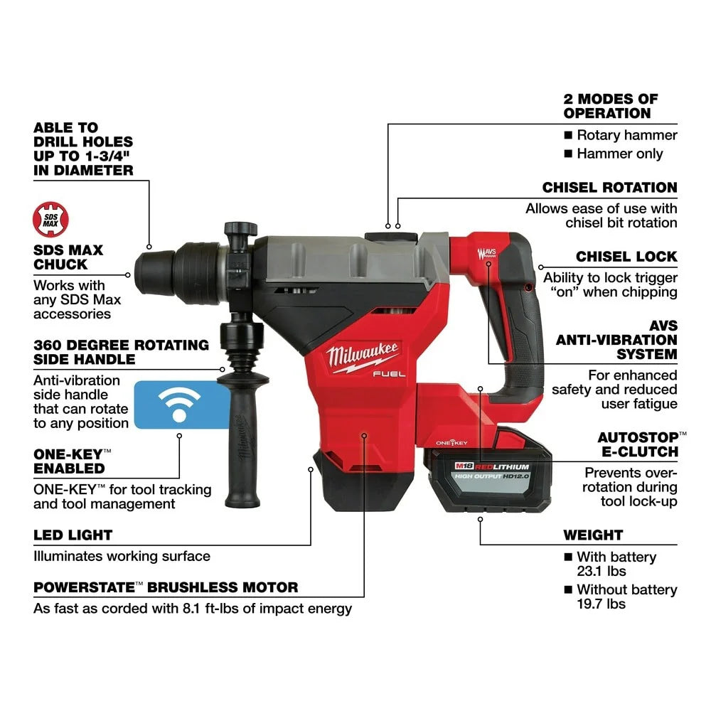 Milwaukee M18 FUEL™ 1-3/4” SDS Max Rotary Hammer w/ ONE KEY™-1099.00