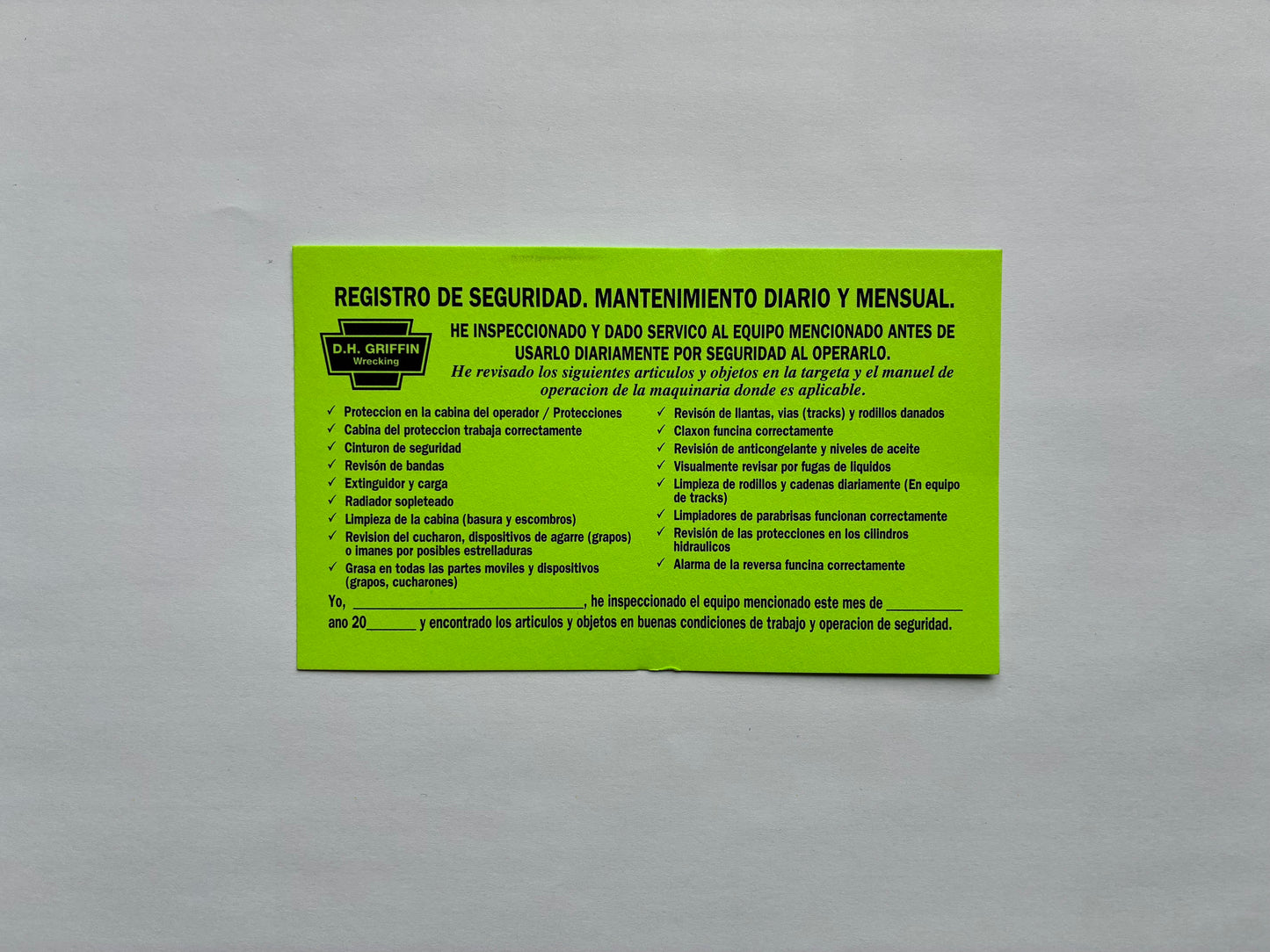 English or Spanish Equipment Cards- 25 for 23.5- Warehouse